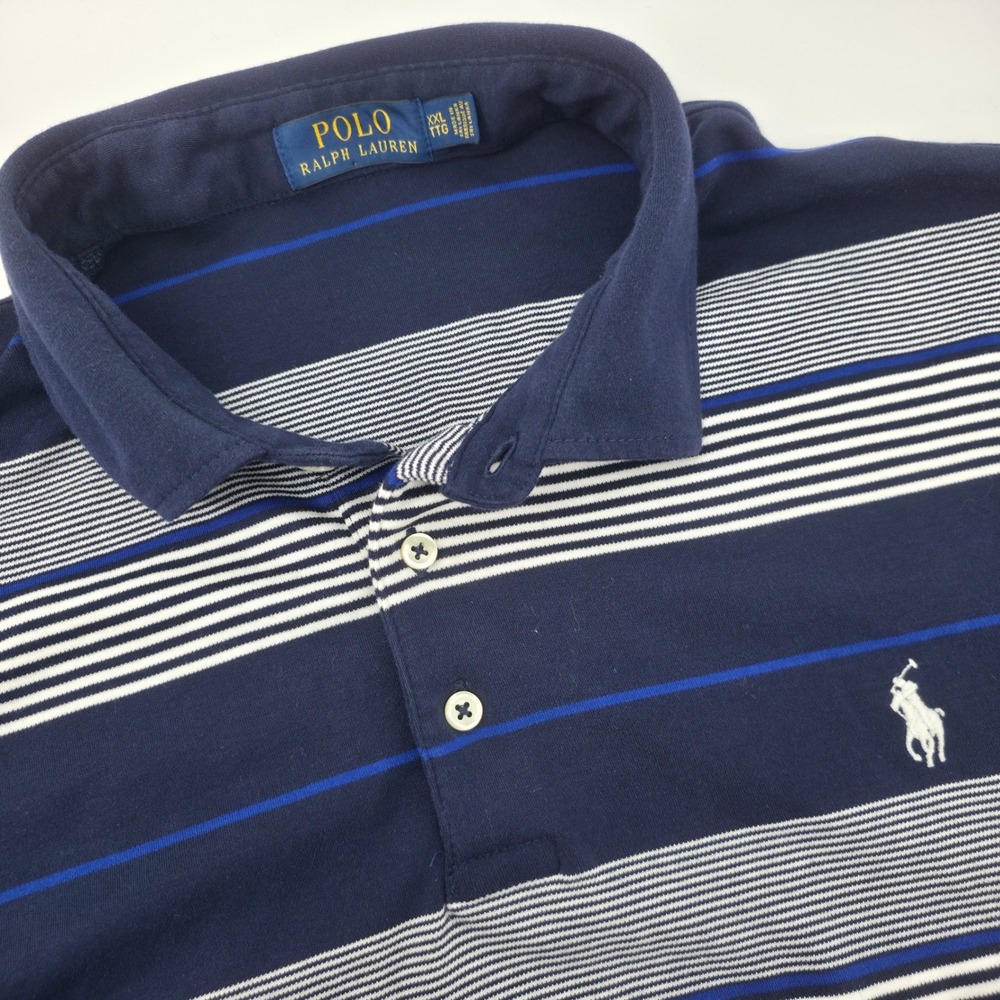Polo Ralph Lauren Mens XXL Navy Blue Striped Short Sleeve Cotton Polo Shirt
